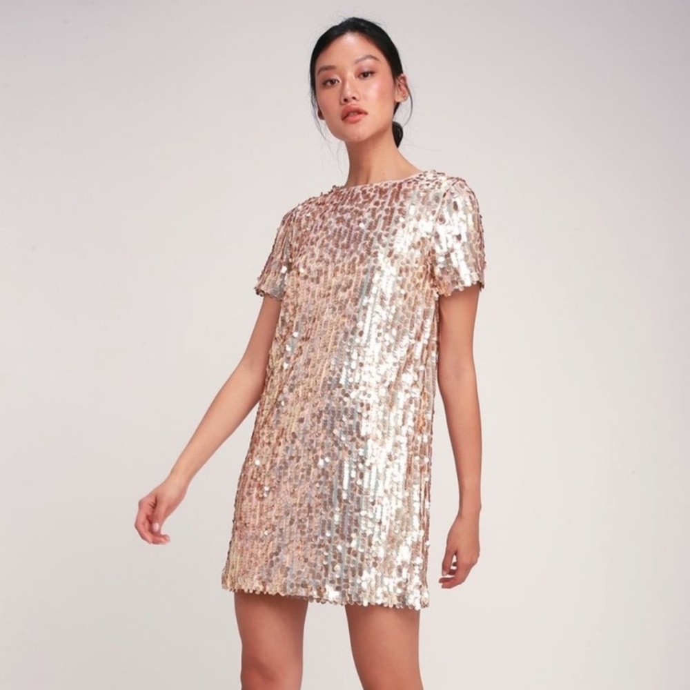 Lulus Rose Gold Sequin Shift Dress